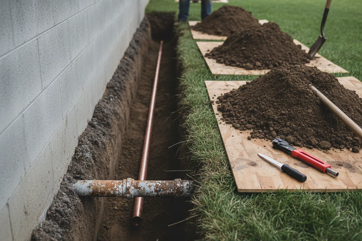 Excavated water line trench during Water Heater Repair in North Attleboro